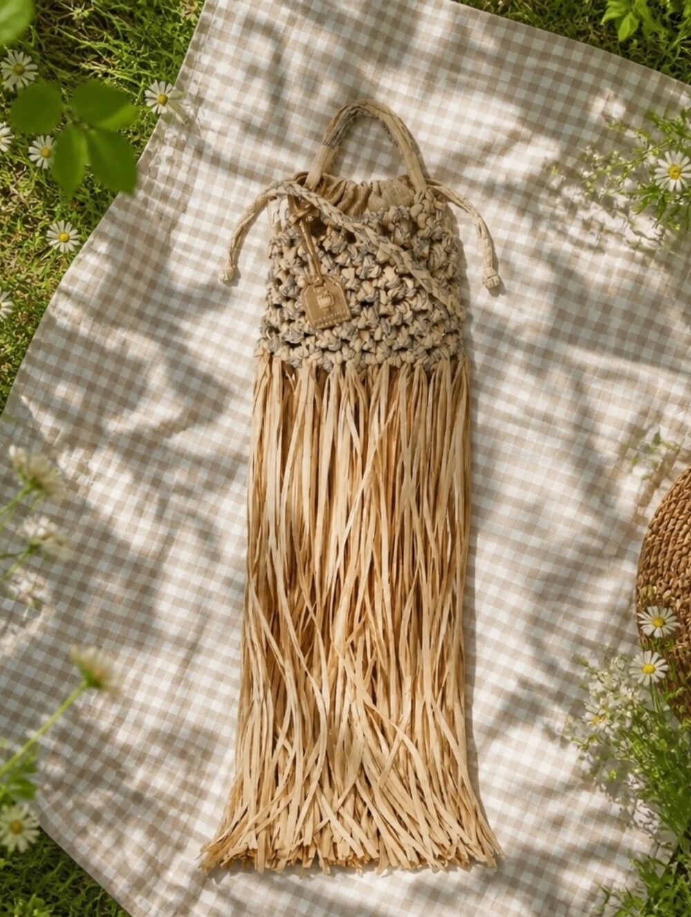 Kurt Geiger Straw Fringe Hanging Bag in Natural with Silver Accents